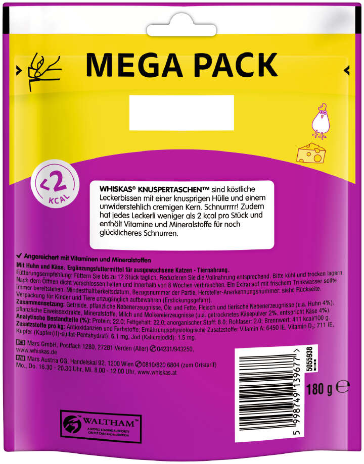 whiskas Katzenleckerli Knuspertaschen mit Huhn + Käse